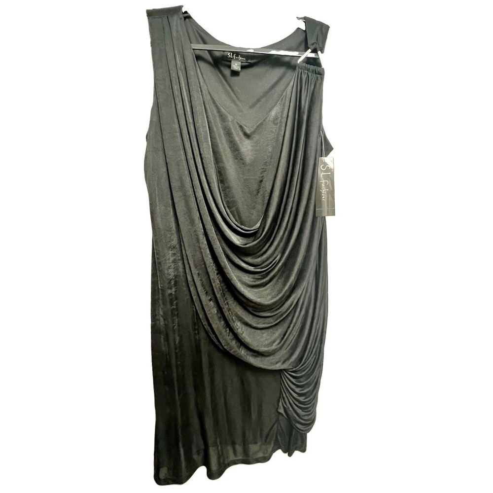 Vtg New Black Cocktail Party Sleeveless Dress Flowy Drape Flapper Style Sz 16